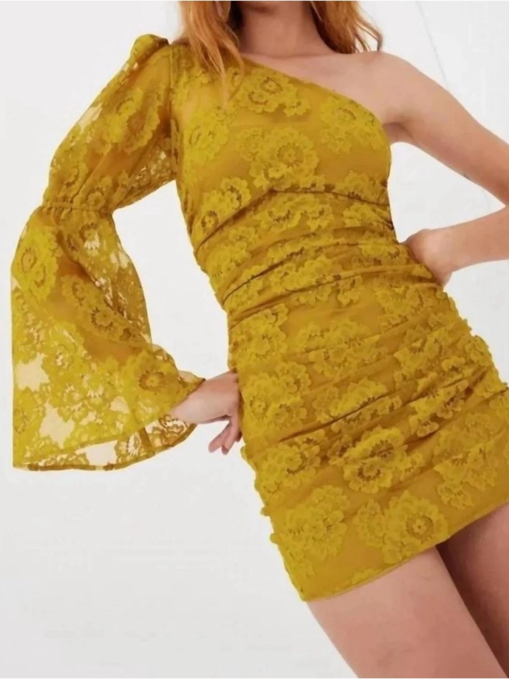 NWTs For Love & Lemons Women's Tiana One-Shoulder Lace Mini Dress Yellow - XS
